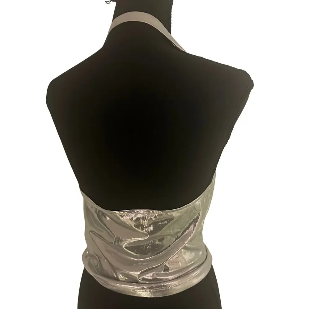 Y2K Silver Metallic Halter Cowl Neck Top Liquid Shine Going Out Party - Picture 3 of 14